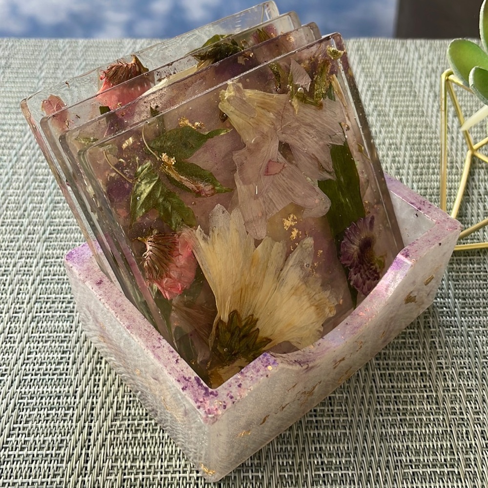 Handmade Pressed Flower Coaster Set and Holder Square Delicate